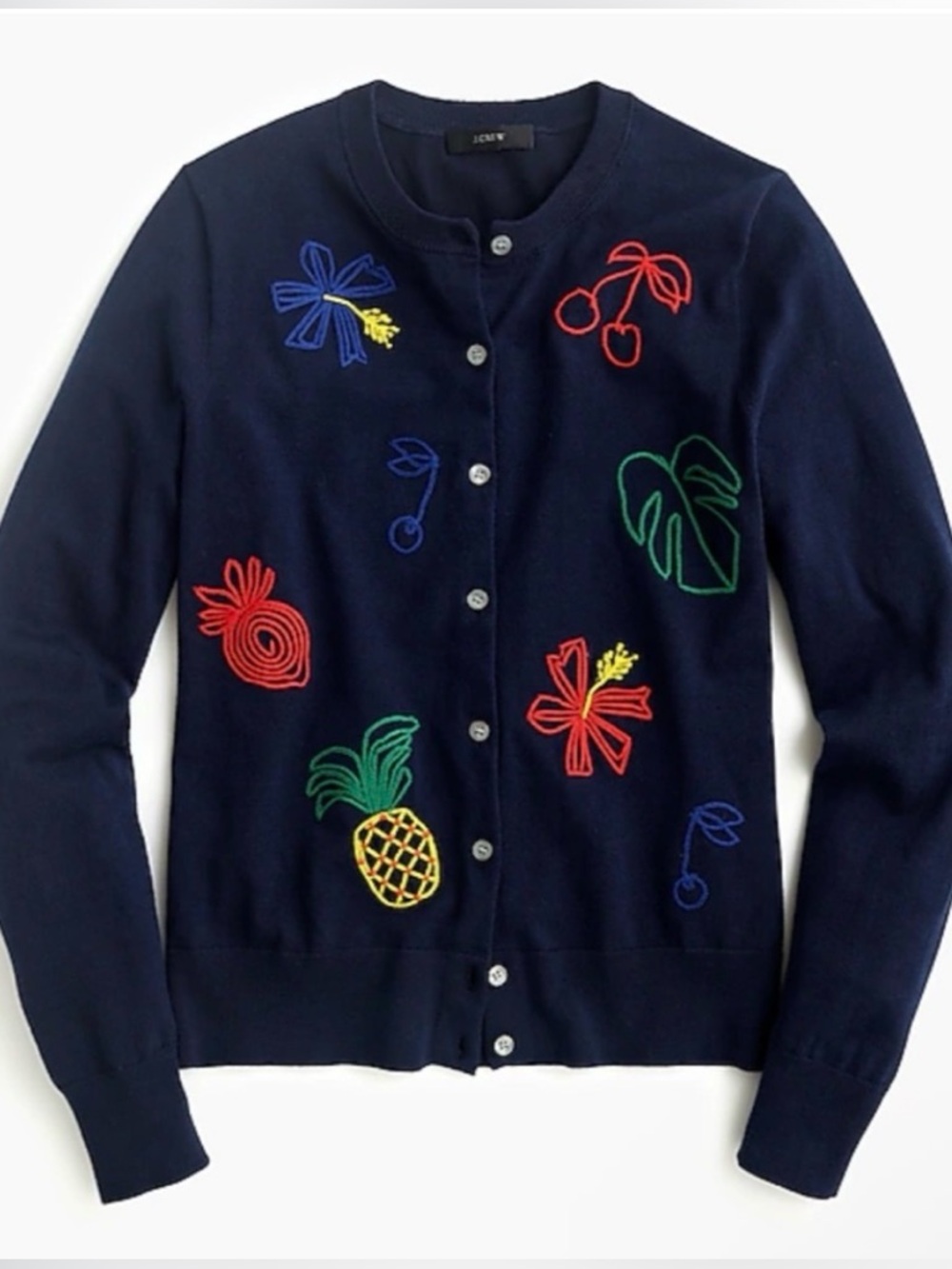 J.Crew Embroidered Multicolored Fruit Navy Blue Cardigan Size Small